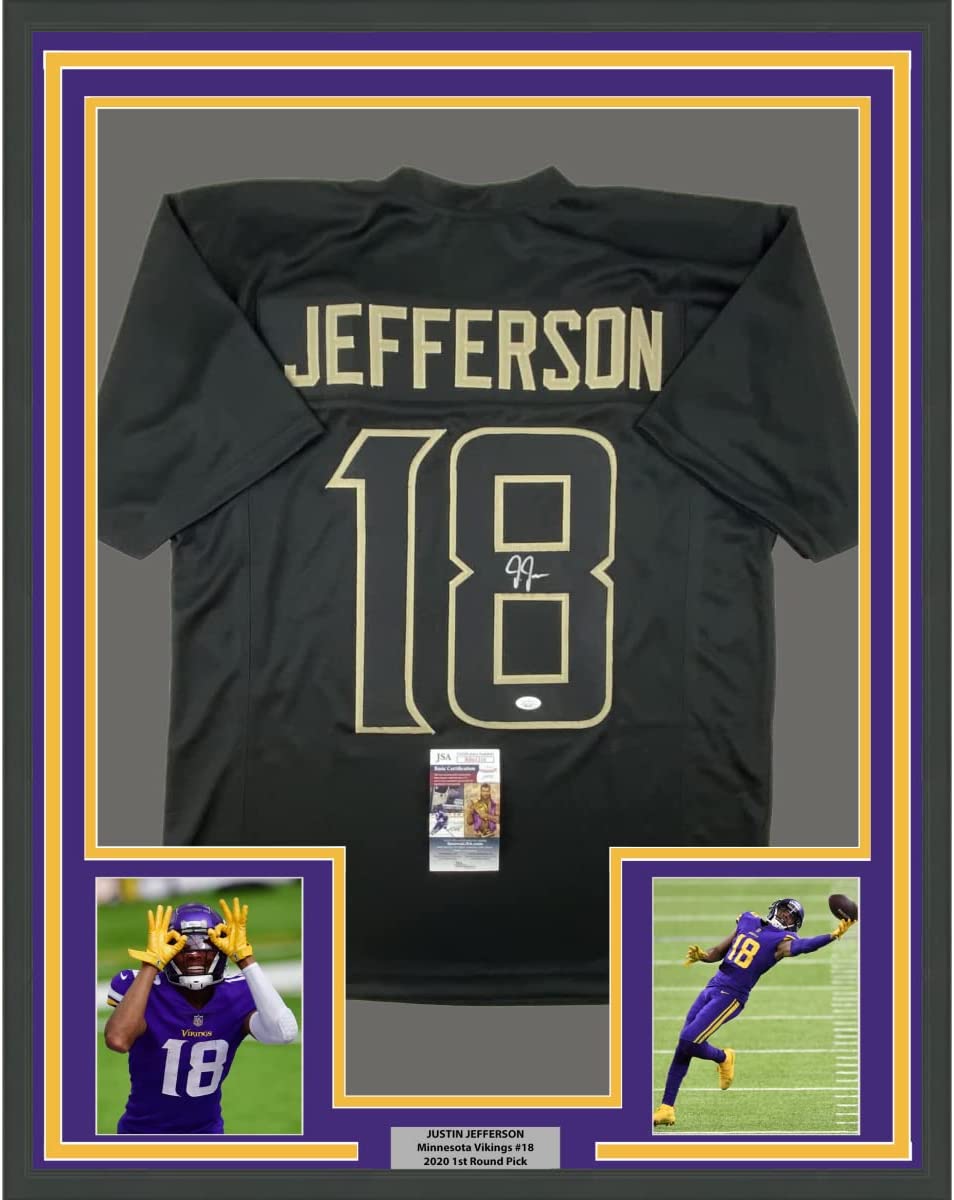 Framed Autographed/Signed Justin Jefferson 35x39 Minnesota Blackout Football Jersey JSA COA