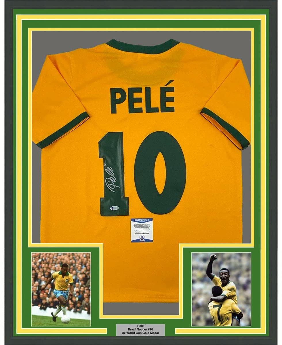 Framed Autographed/Signed Pele 35x39 Brazil Yellow Soccer Jersey Beckett BAS COA