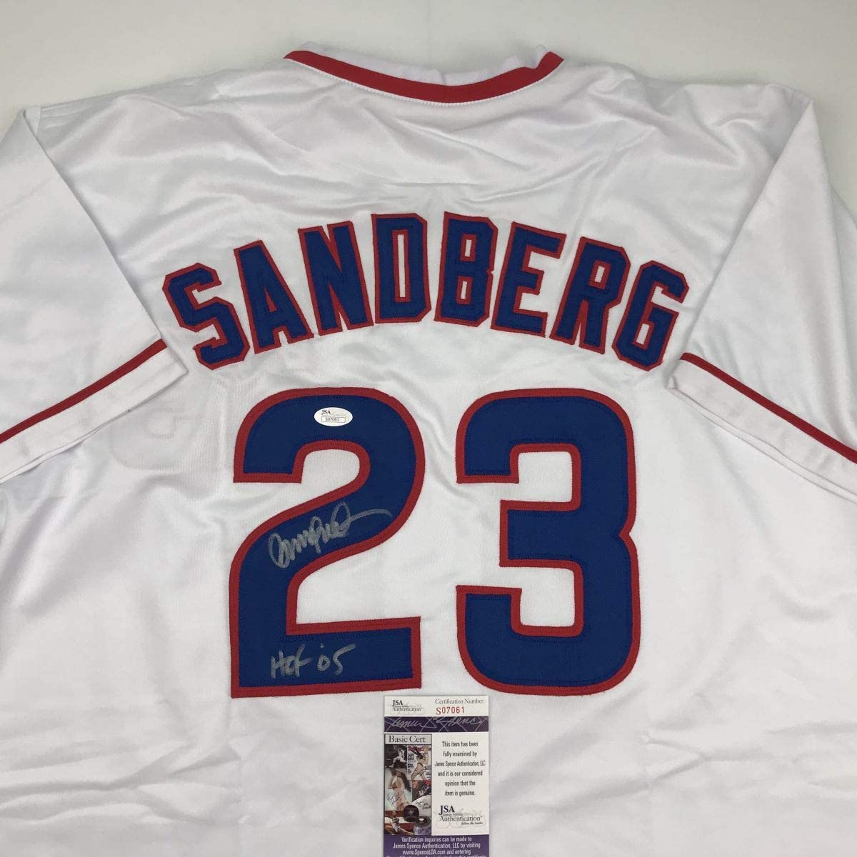 Autographed/Signed Ryne Sandberg HOF 05 Chicago White Baseball Jersey JSA COA