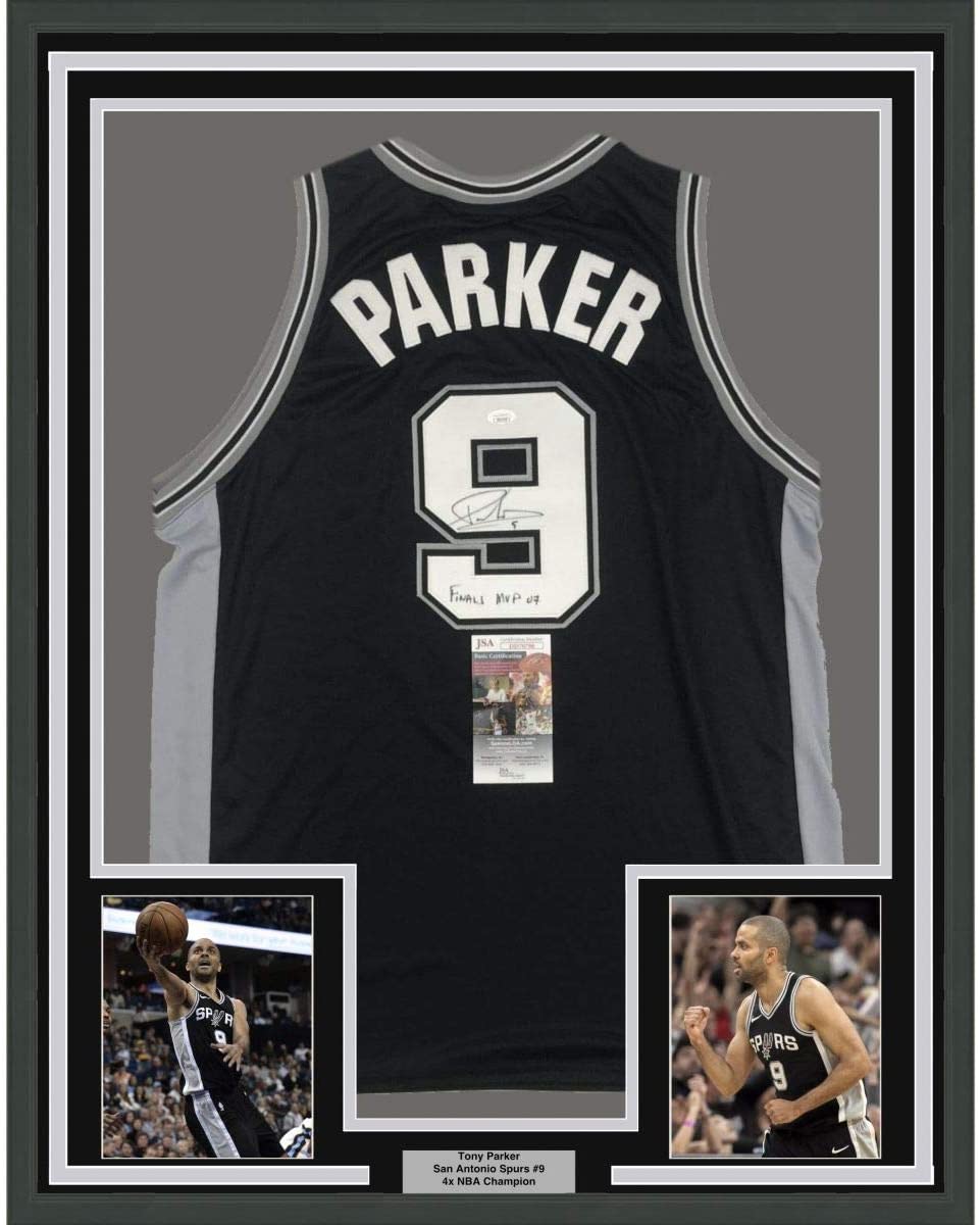 Framed Autographed/Signed Tony Parker Finals MVP 07 35x39 San Antonio Black Basketball Jersey JSA COA