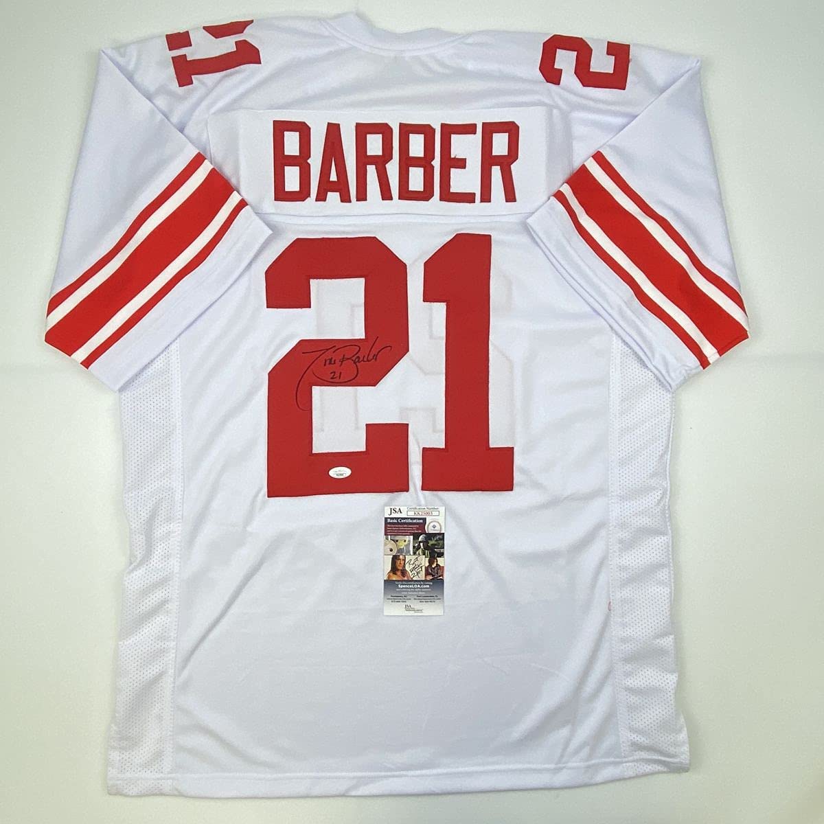 Autographed/Signed Tiki Barber New York White Football Jersey JSA COA