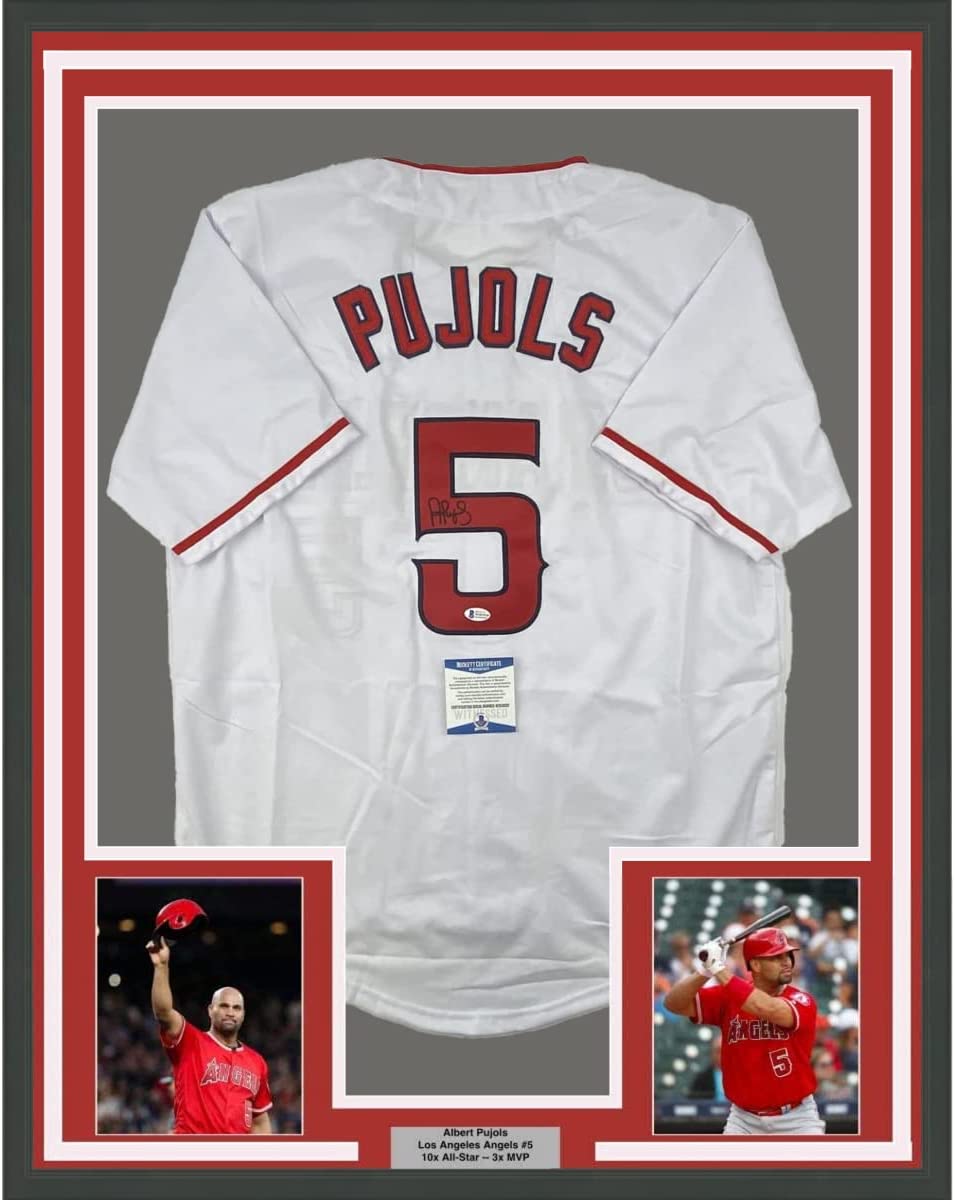 Framed Autographed/Signed Albert Pujols 35x39 Los Angeles White Baseball Jersey Beckett BAS COA #2