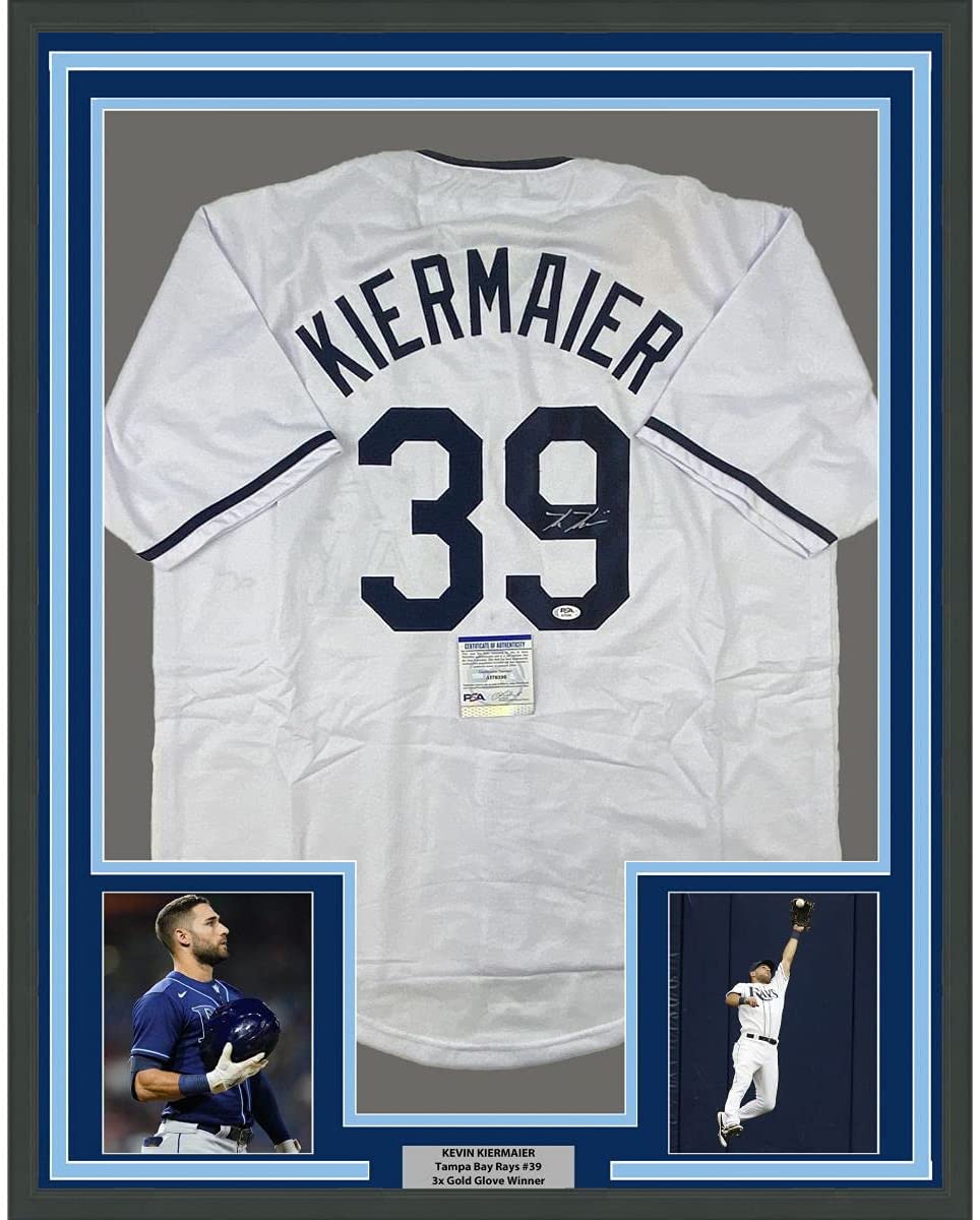 Framed Autographed/Signed Kevin Kiermaier 35x39 Tampa Bay White Baseball Jersey PSA/DNA COA