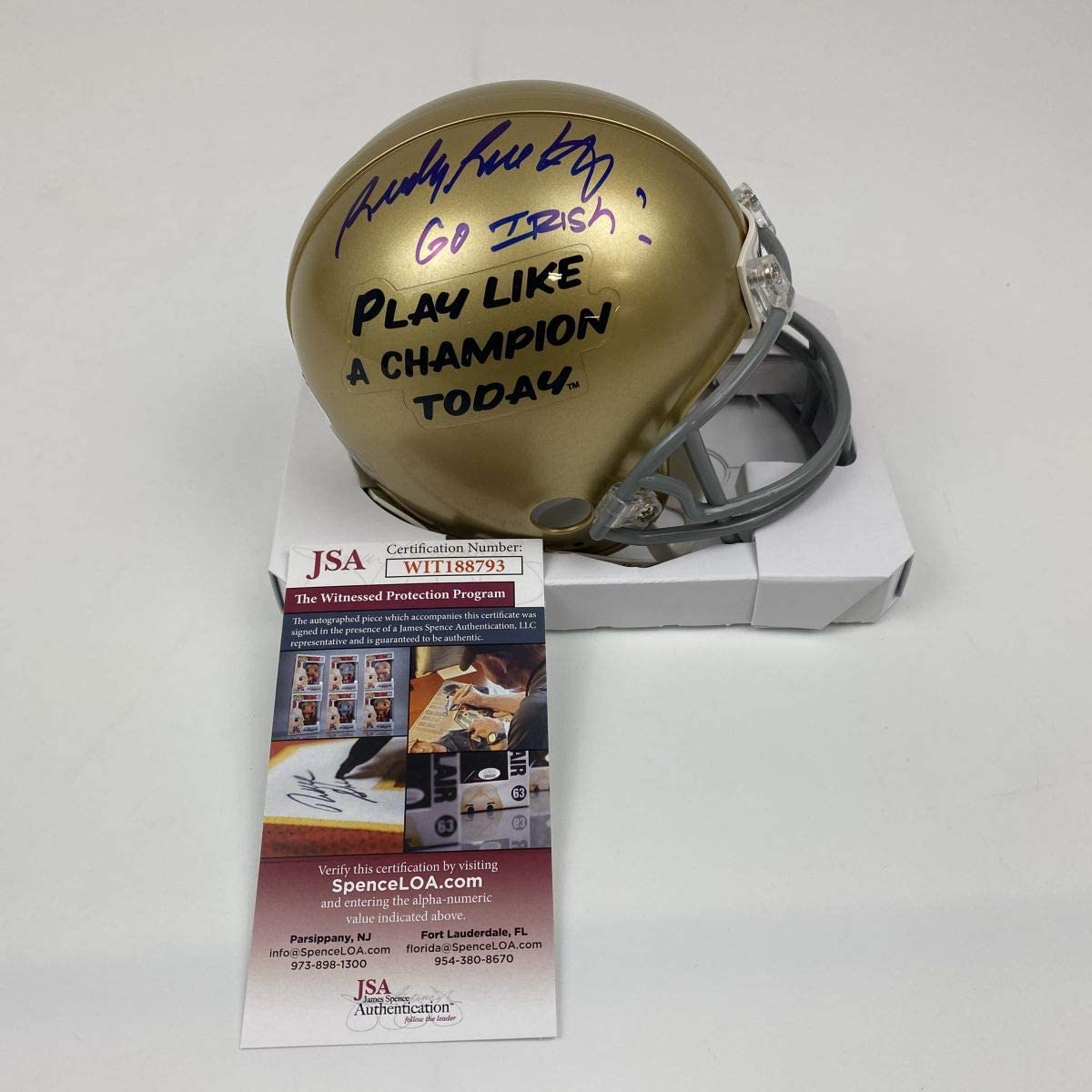 Autographed/Signed Rudy Ruettiger Go Irish Notre Dame Football Mini Helmet JSA COA