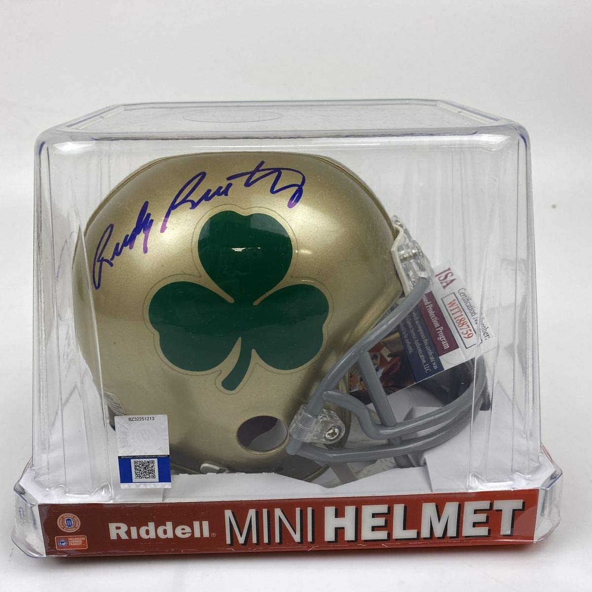 Autographed/Signed Rudy Ruettiger Shamrock Notre Dame Irish Football Mini Helmet JSA COA