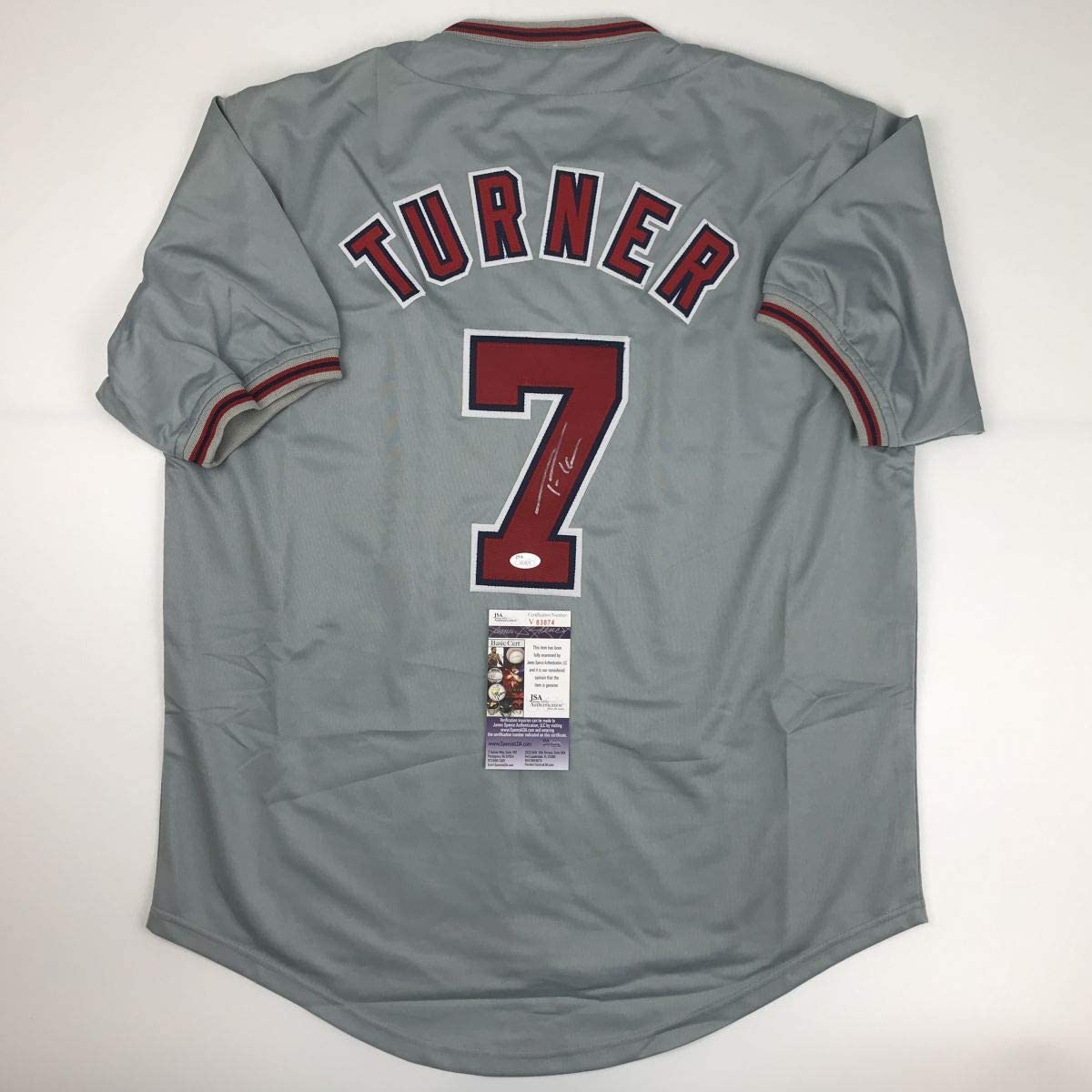 Autographed/Signed Trea Turner Washington Grey Baseball Jersey JSA COA