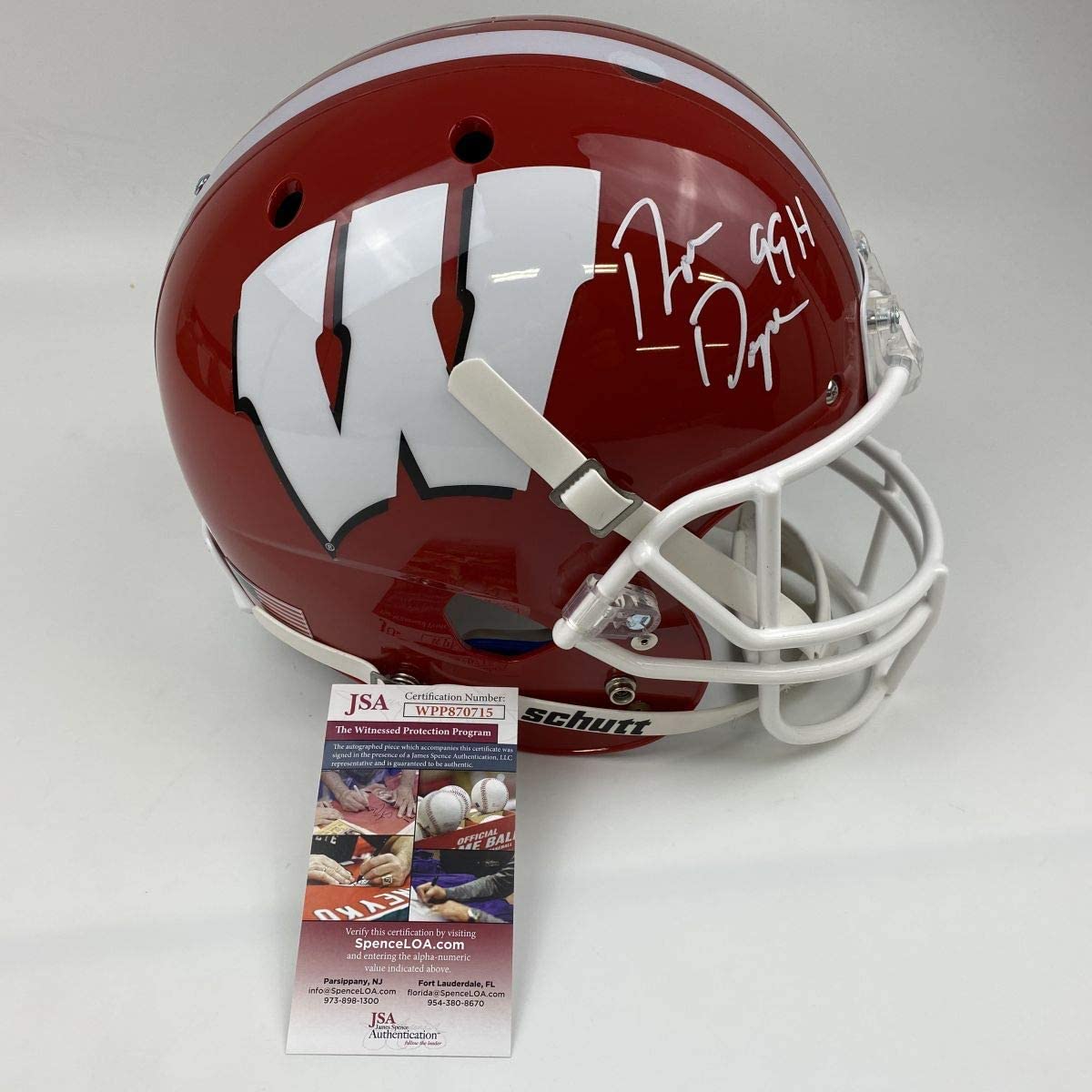 Autographed/Signed Ron Dayne 99 H Wisconsin Badgers Full Size FS F/S Replica College Football Helmet JSA COA