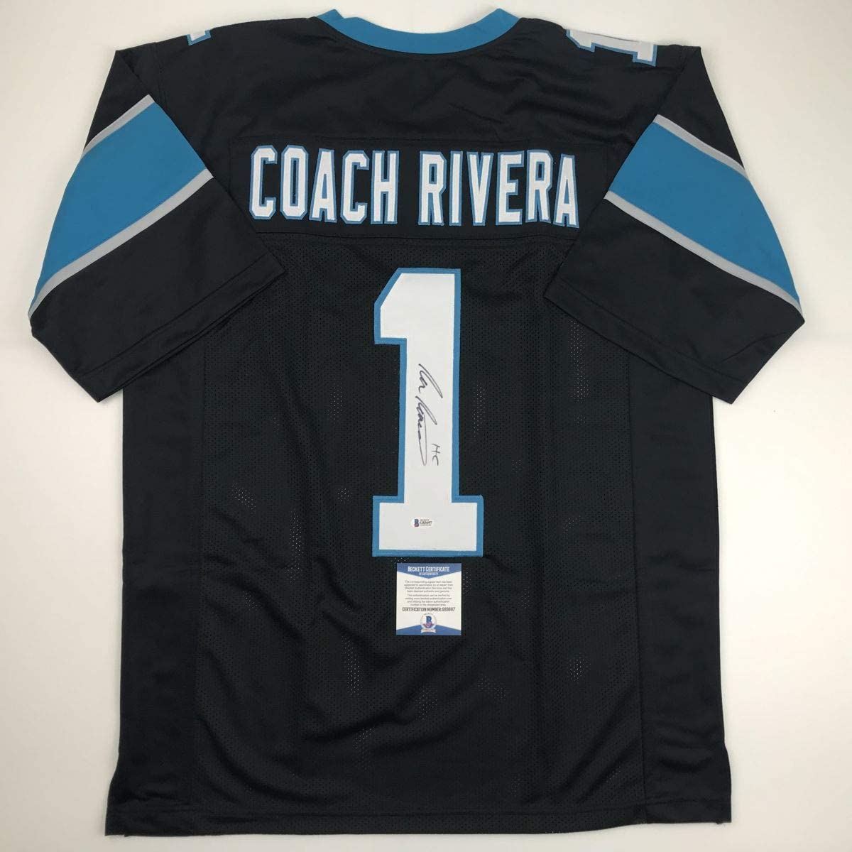Autographed/Signed Ron Rivera Carolina Black Football Jersey Beckett BAS COA