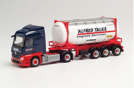 Herpa 312868 HO Scale Mercedes-Benz Actros Tractor with Container Trailer and Load - Assembled -- Alfred Talke (black, red, white, German Lettering)