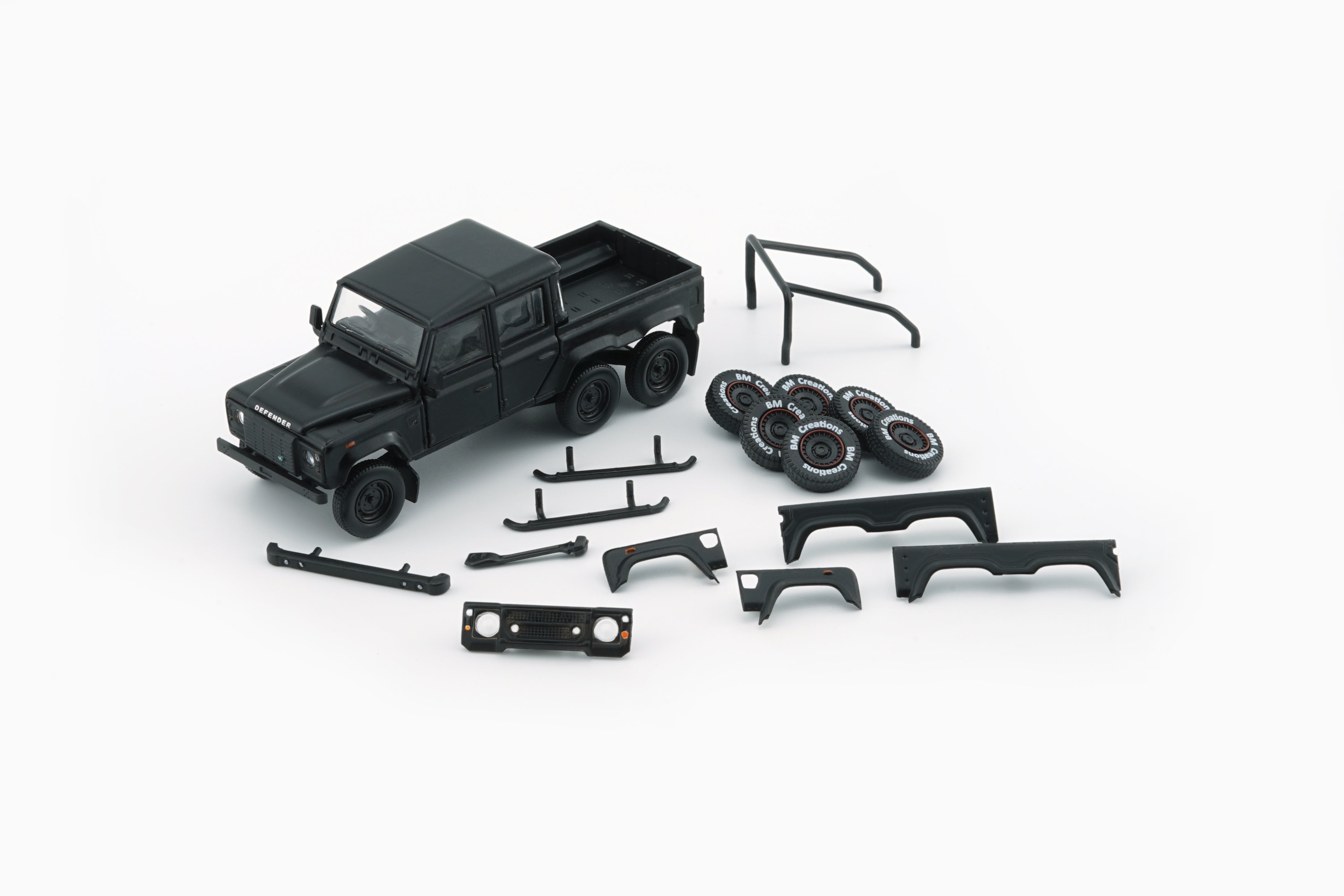 BM Creations 2016 Land Rover Defender 110 Pick Up 6x6 Off Road Matte Blk RHD 1:64 64B0339