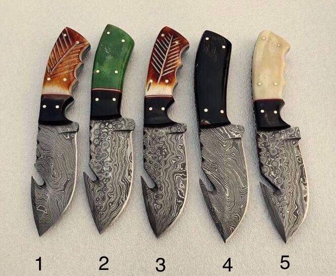 Damascus Steel Deer Guthook Skinner Knives