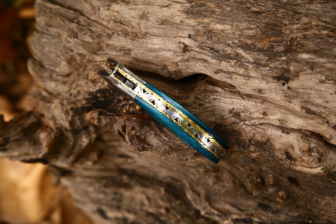 Custom Handmade Damascus Steel EDC Folding Pocket Knife – Exotic Wood Handle, 3-Inch Blade, Leather Case – Ideal Wedding Gift