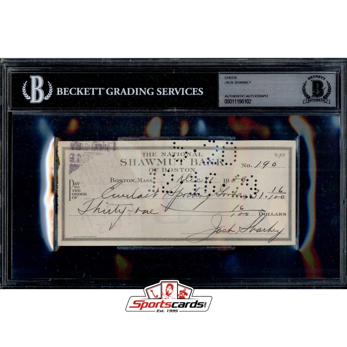 Jack Sharkey Signed Autographed Check BGS JSA