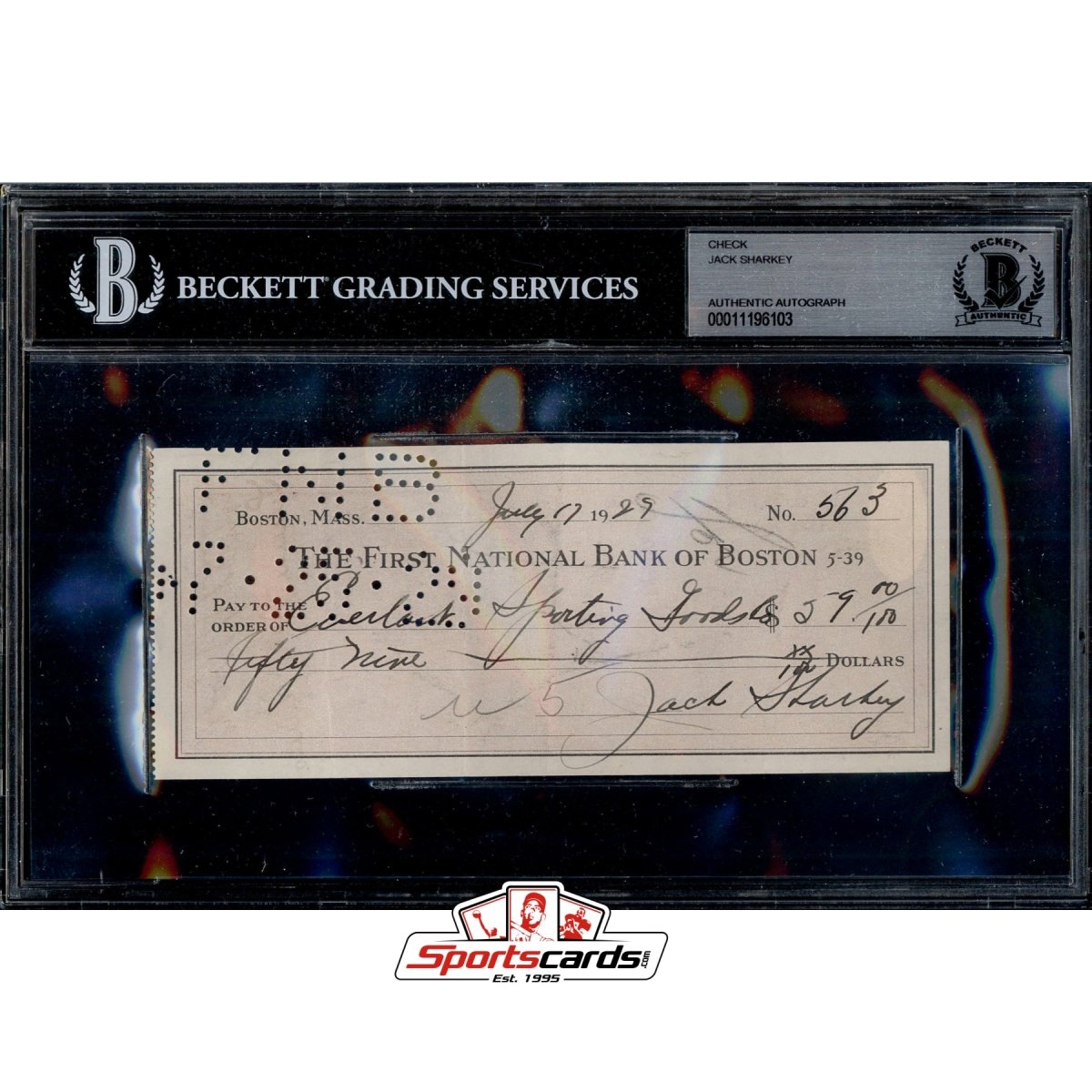 Jack Sharkey Signed Autographed Check BGS JSA