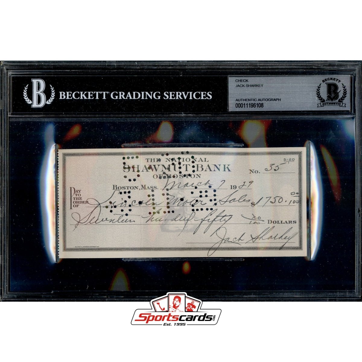 Jack Sharkey Signed Autographed Check BGS JSA