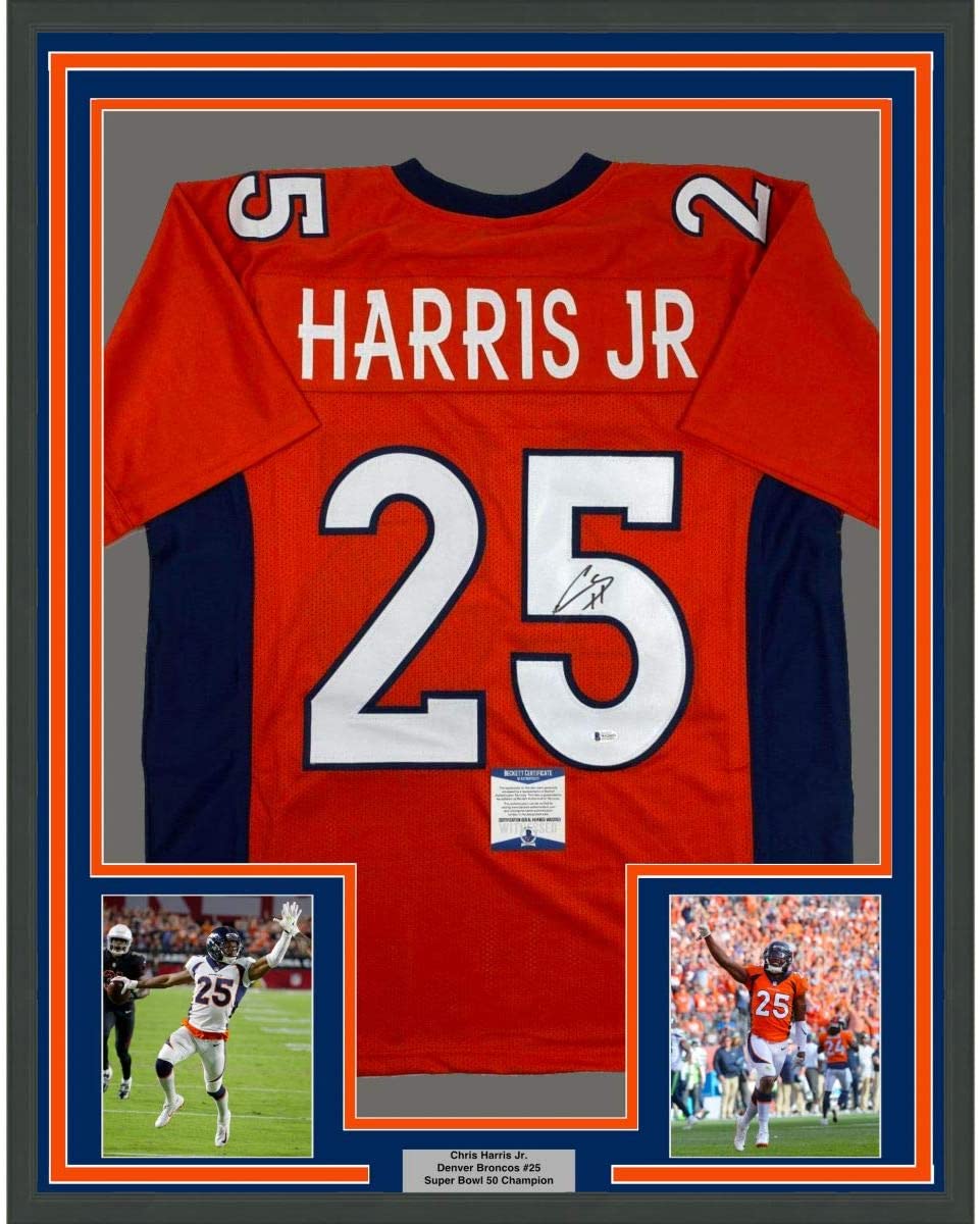 Framed Autographed/Signed Chris Harris Jr. 35x39 Denver Orange Football Jersey Beckett BAS COA