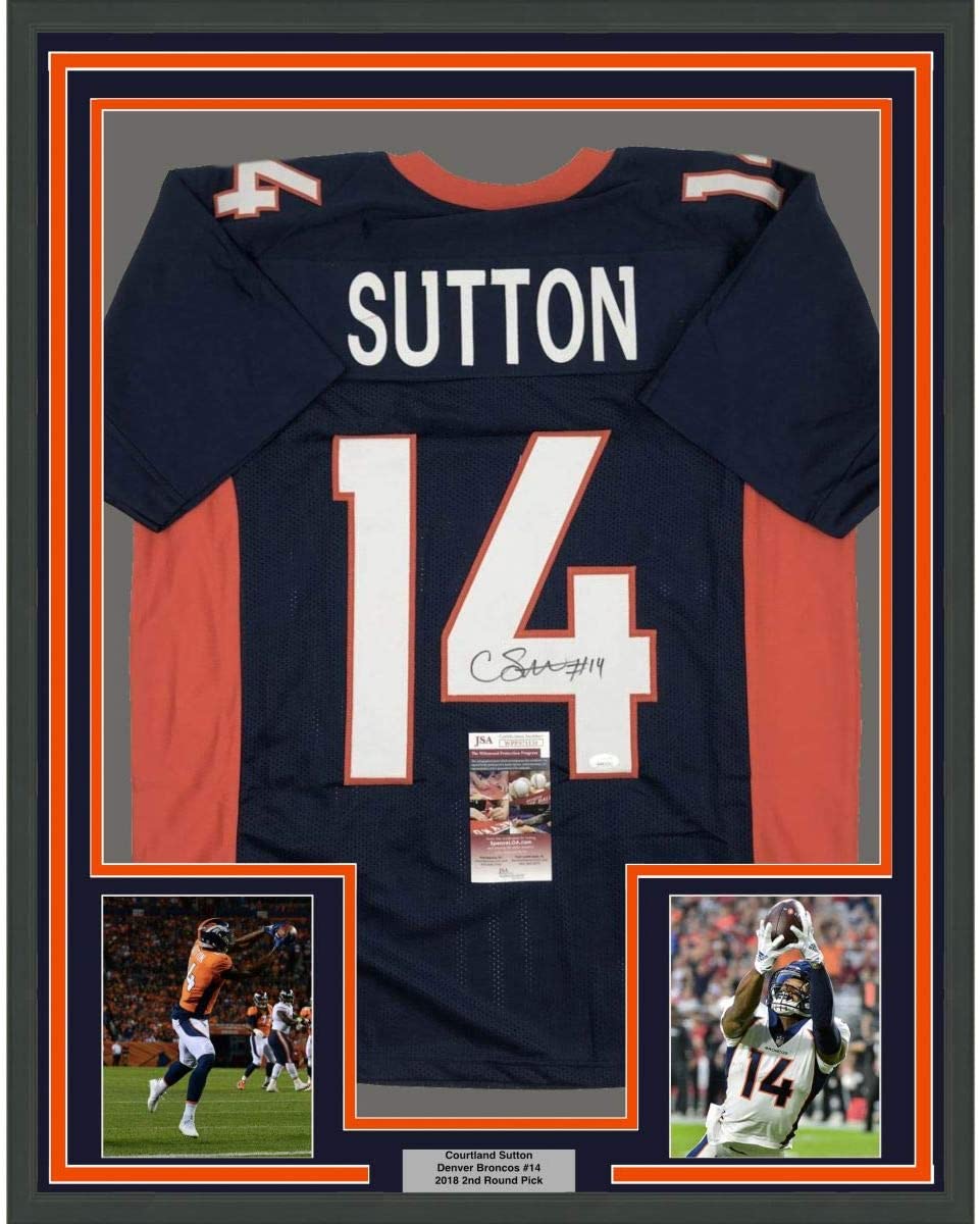 Framed Autographed/Signed Courtland Sutton 35x39 Denver Blue Football Jersey JSA COA