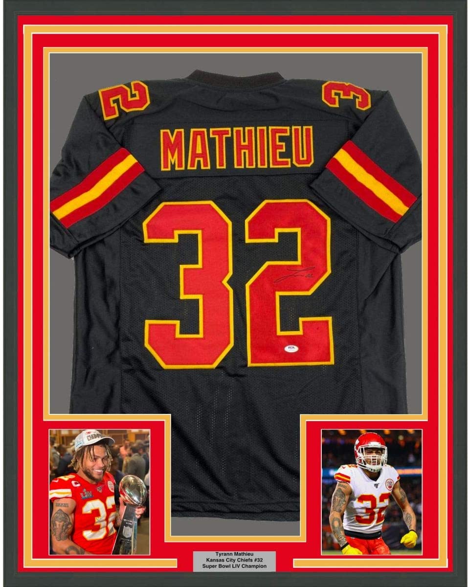 Framed Autographed/Signed Tyrann Mathieu 35x39 Kansas City Black Football Jersey PSA/DNA COA