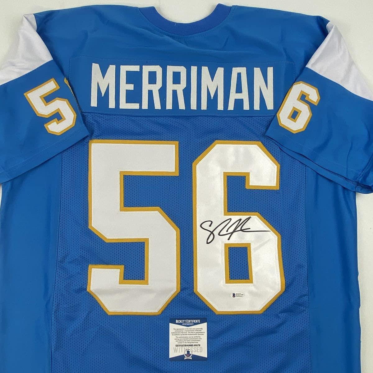 Autographed/Signed Shawne Merriman San Diego Powder Blue Football Jersey Beckett BAS COA
