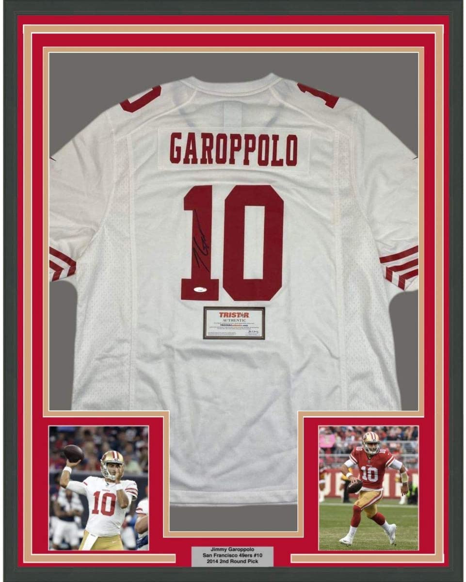 Framed Autographed/Signed Jimmy Garoppolo 35x39 San Francisco White Football Jersey Tristar COA