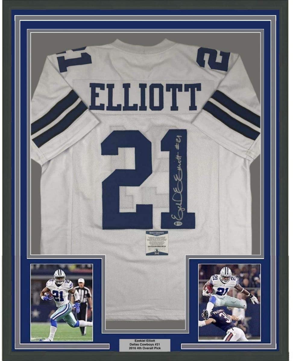 Framed Autographed/Signed Ezekiel Elliott 35x39 Dallas White Football Jersey Beckett BAS COA