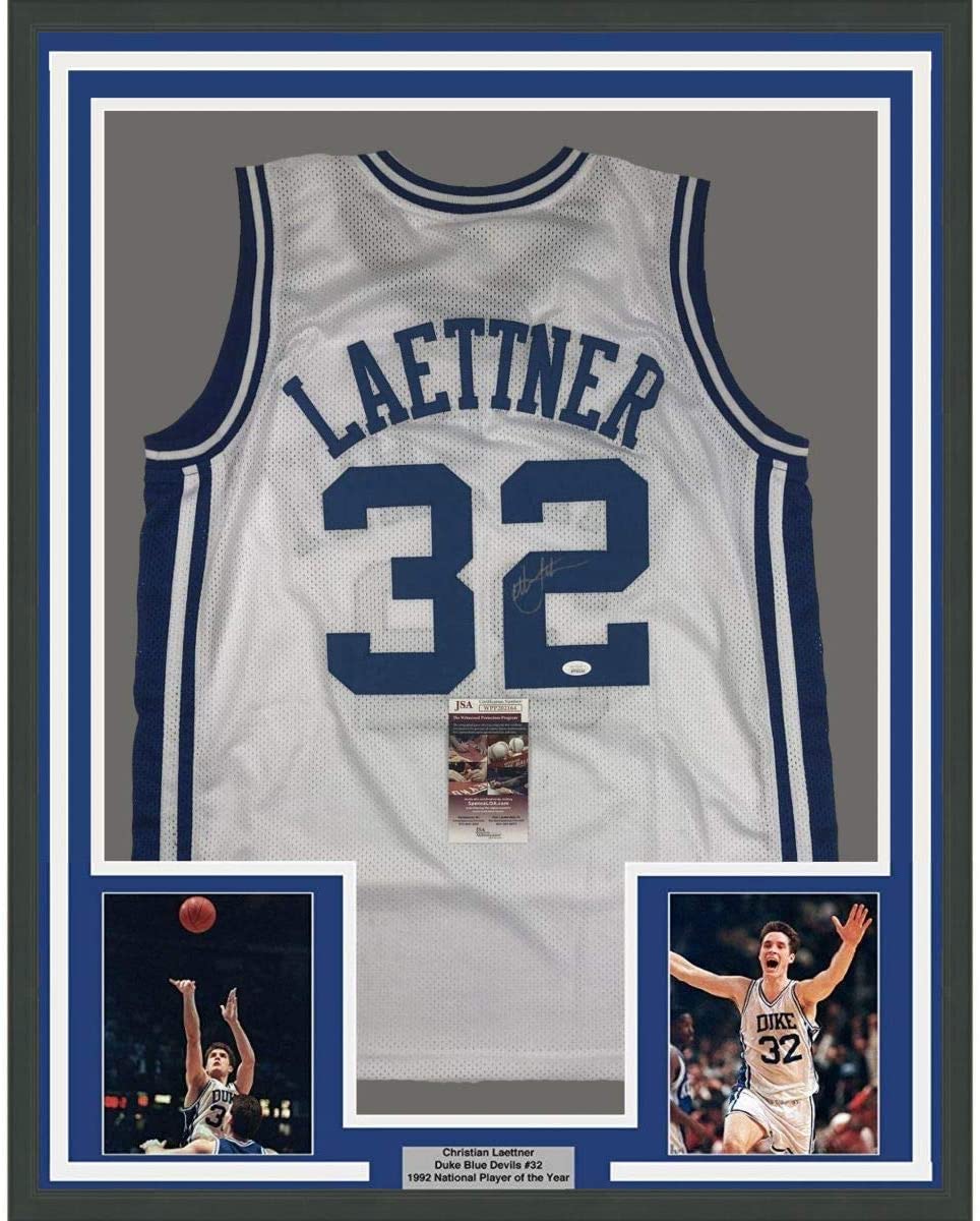 Framed Autographed/Signed Christian Laettner 35x39 Duke Blue Devils White College Basketball Jersey JSA COA