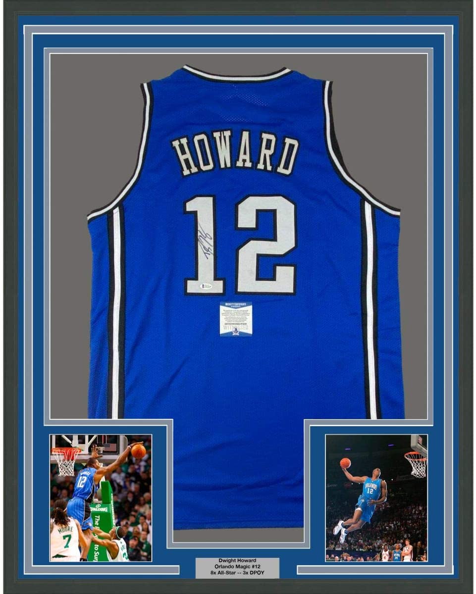Framed Autographed/Signed Dwight Howard 35x39 Orlando Blue Basketball Jersey JSA COA