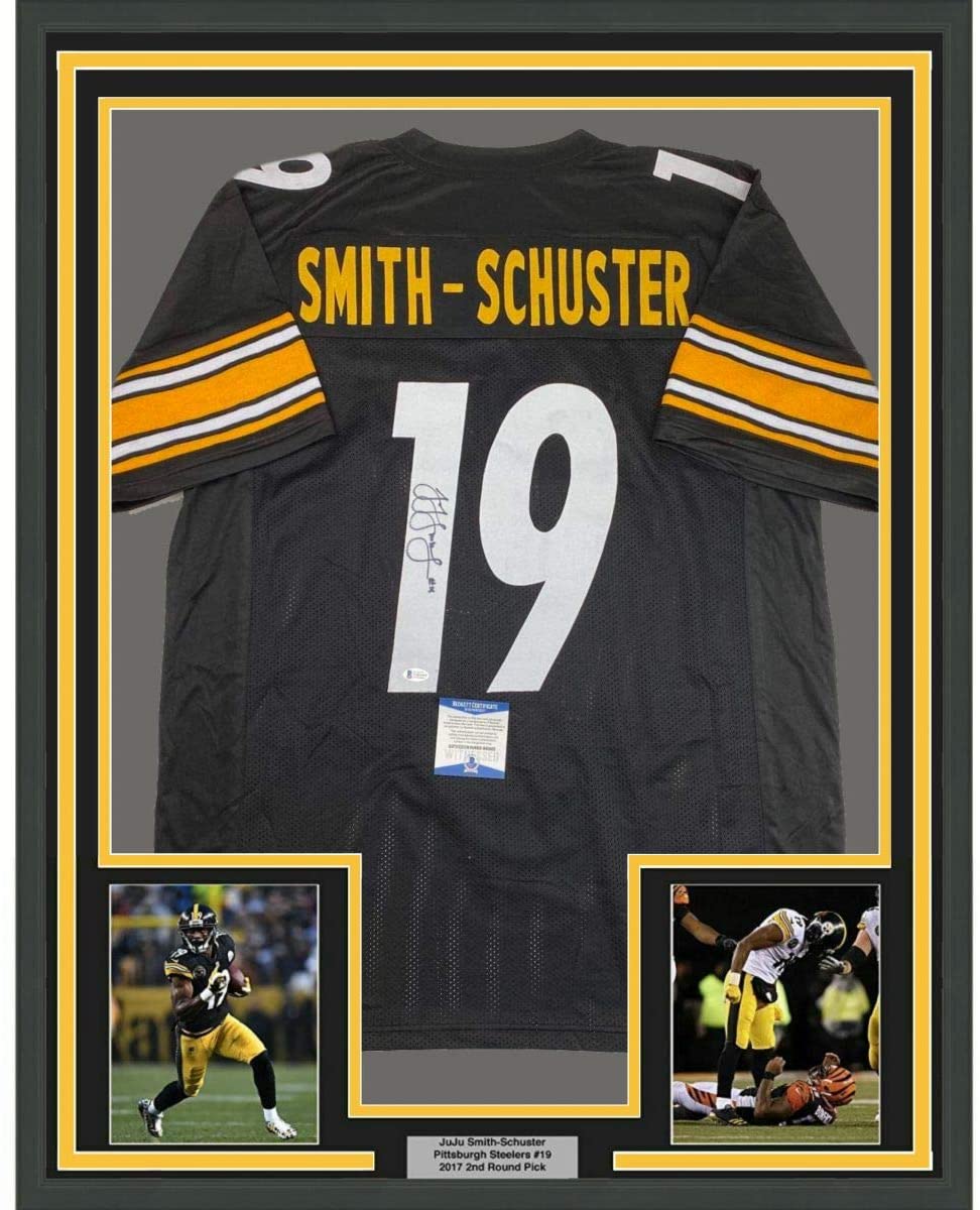 Framed Autographed/Signed JuJu Smith-Schuster 35x39 Pittsburgh Black Football Jersey Beckett BAS COA