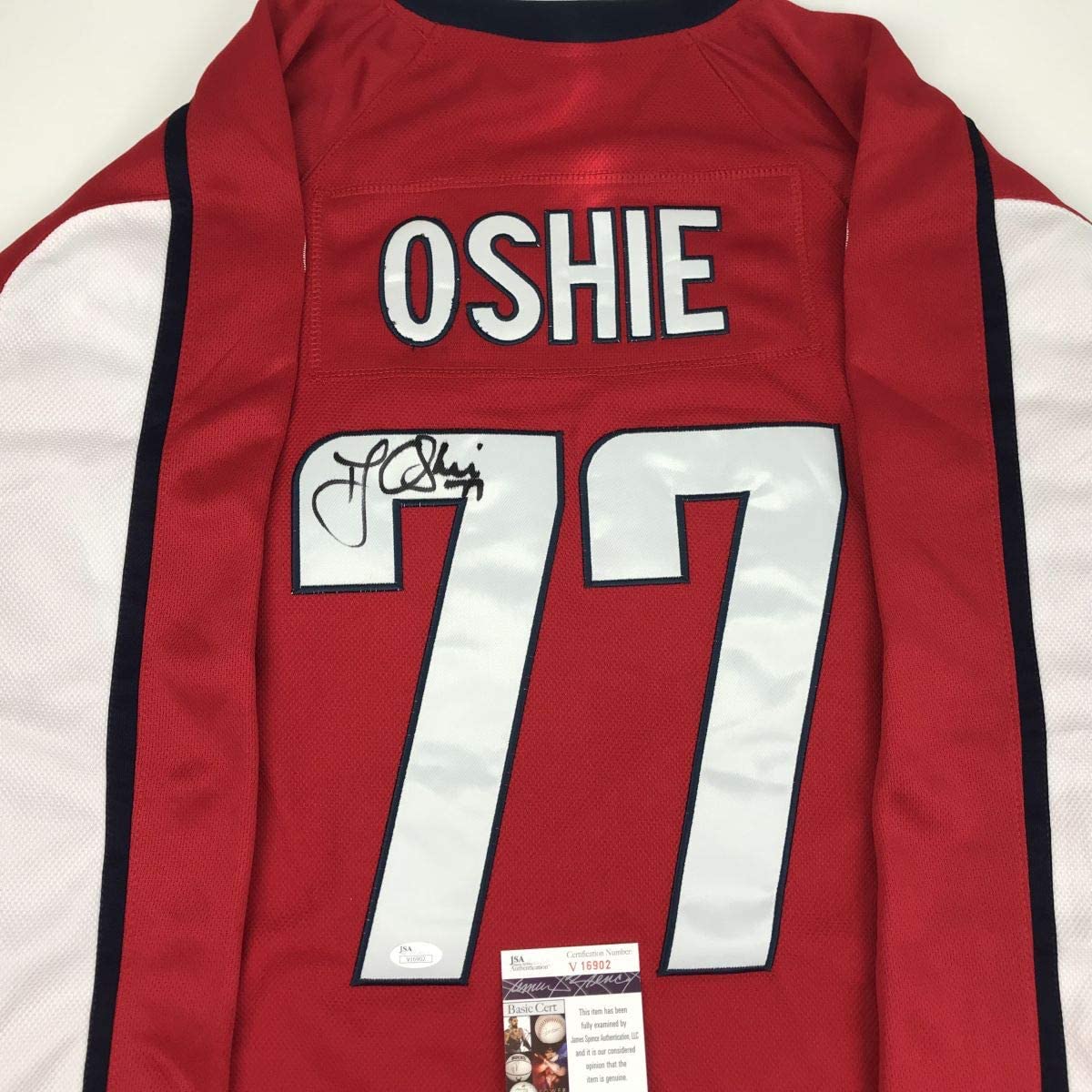 Autographed/Signed TJ T.J. Oshie Washington Red Hockey Jersey JSA COA