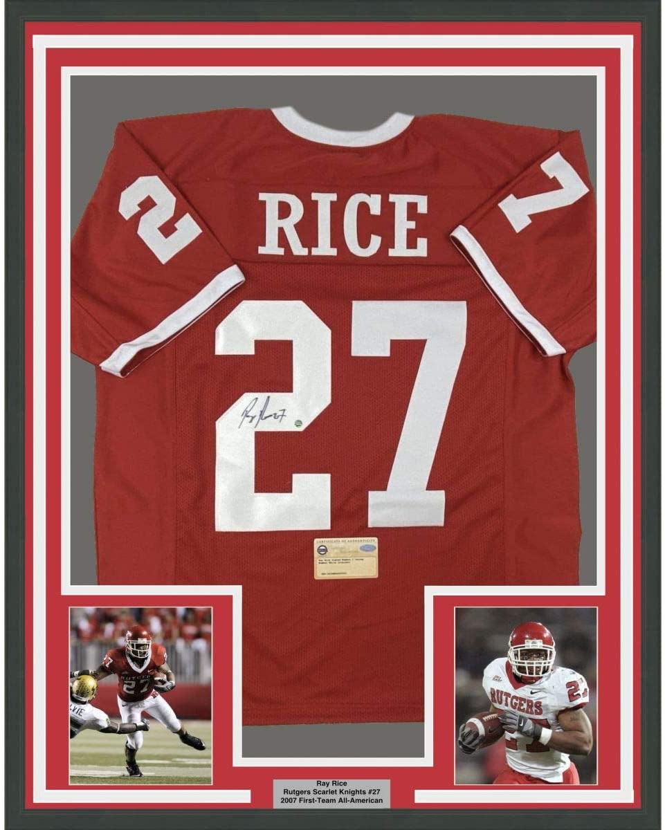Framed Autographed/Signed Ray Rice 35x39 Rutgers Red College Football Jersey Steiner Sports COA