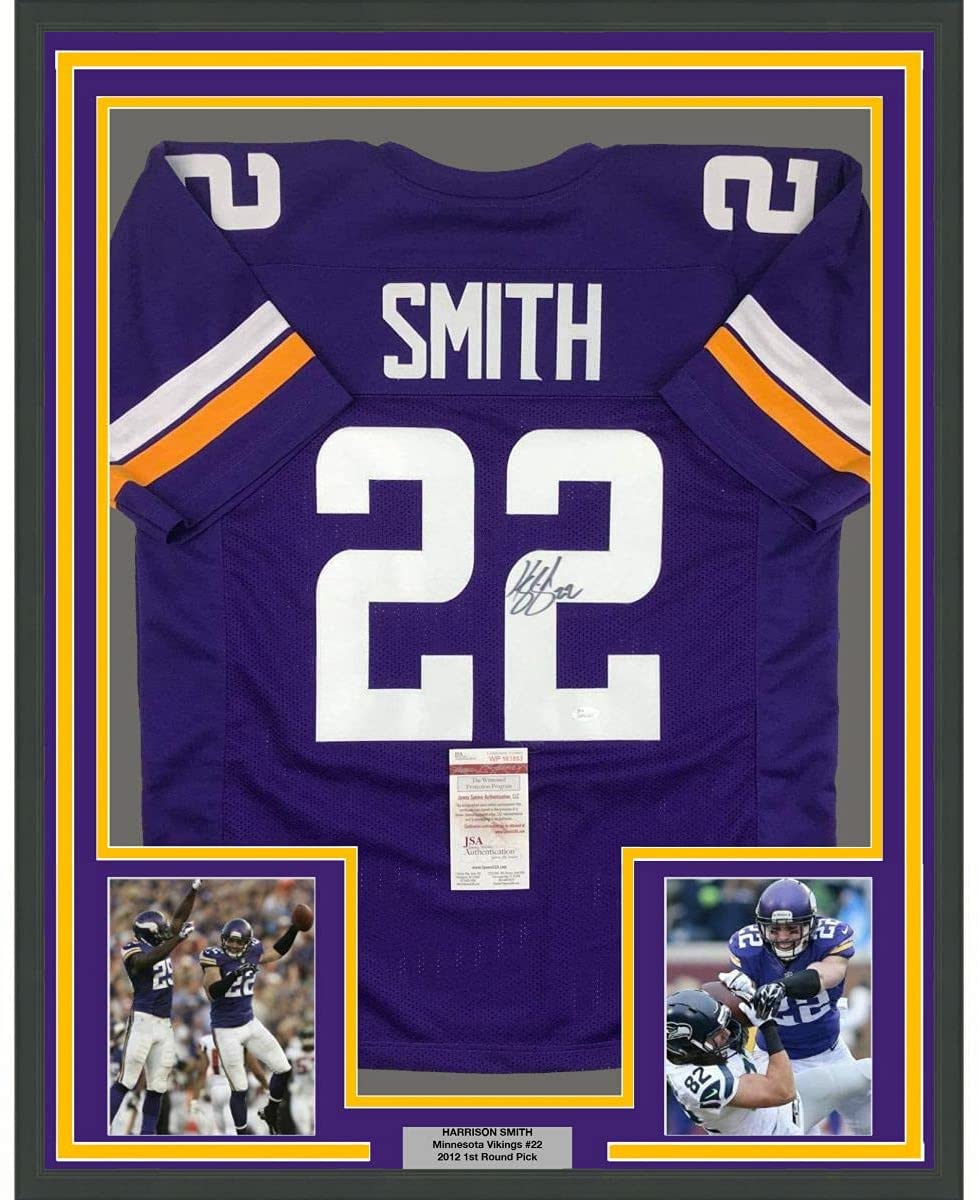 Framed Autographed/Signed Harrison Smith 35x39 Minnesota Purple Football Jersey JSA COA