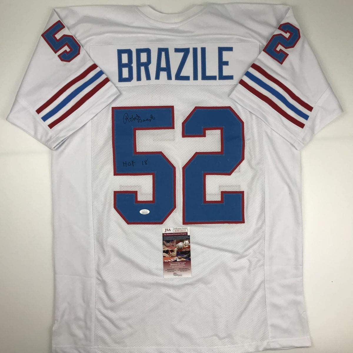 Autographed/Signed Robert Brazile HOF 18 Houston White Football Jersey JSA COA