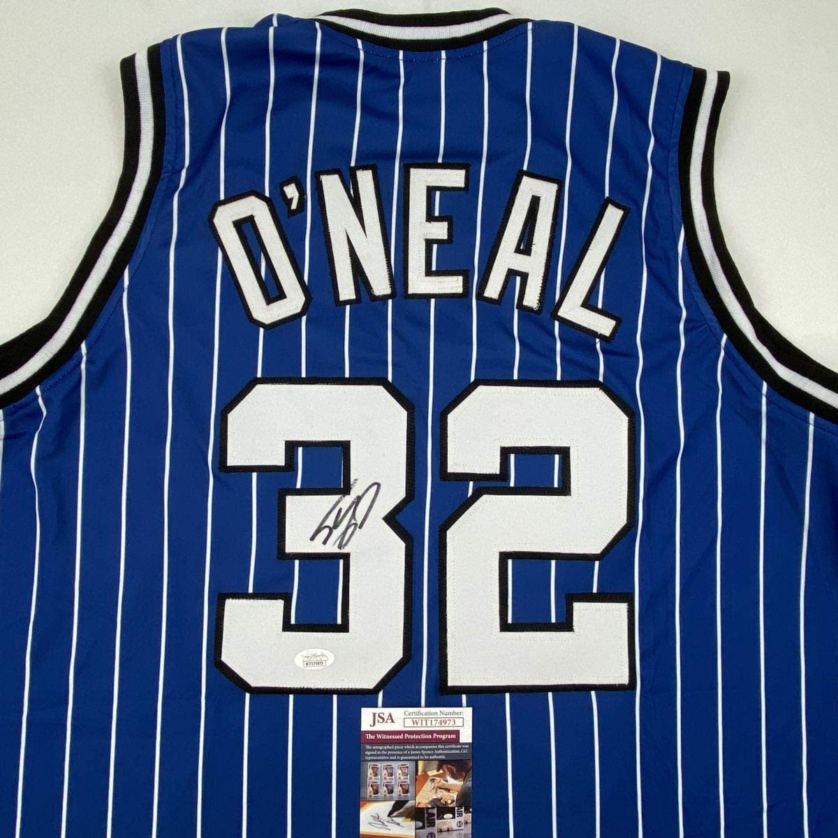 Autographed/Signed Shaquille Shaq O'Neal Orlando Blue Pinstripe Basketball Jersey JSA COA