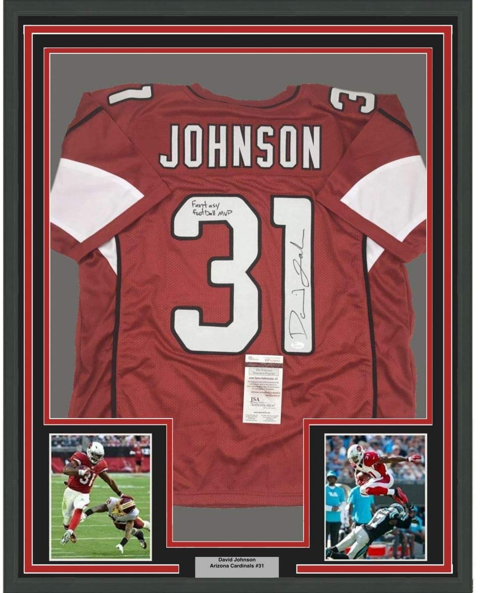 Framed Autographed/Signed David Johnson Fantasy Football MVP 35x39 Arizona Red Football Jersey JSA COA