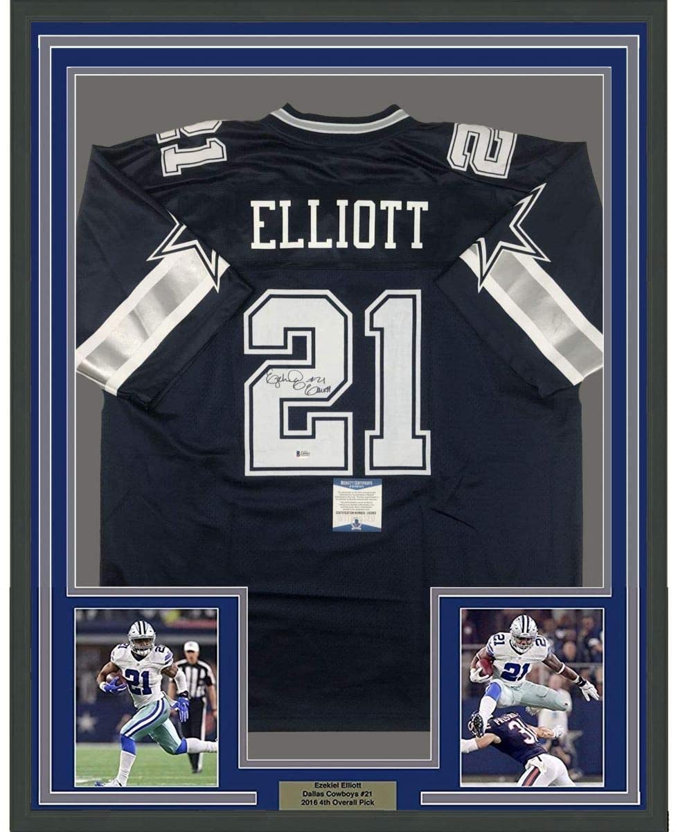 Framed Autographed/Signed Ezekiel Elliott 35x39 Dallas Cowboys Dark Blue Football Jersey Beckett BAS COA