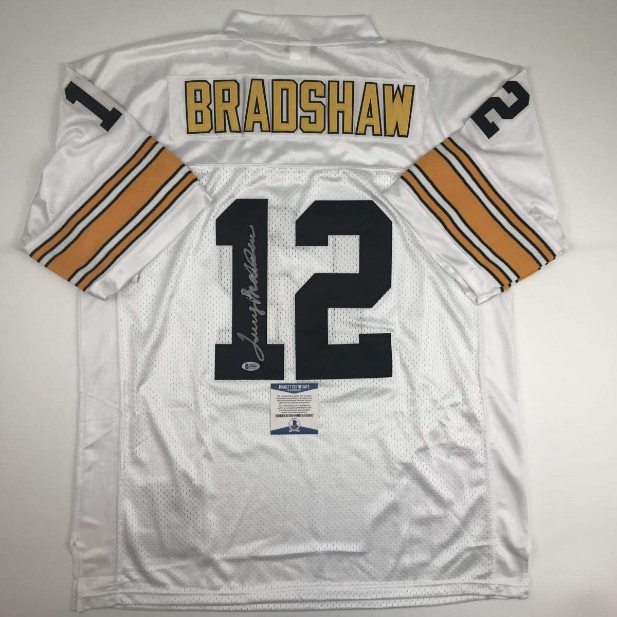 Autographed/Signed Terry Bradshaw Pittsburgh White Football Jersey Beckett BAS COA