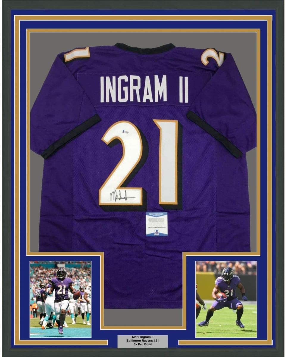 Framed Autographed/Signed Mark Ingram II 35x39 Baltimore Purple Football Jersey Beckett BAS COA