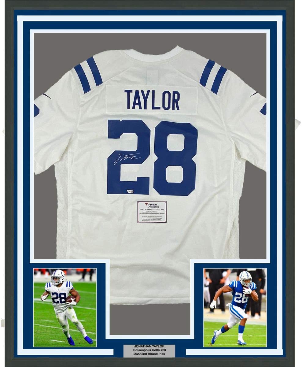 Framed Autographed/Signed Jonathan Taylor 35x39 Indianapolis Colts White Nike Game Football Jersey Fanatics COA