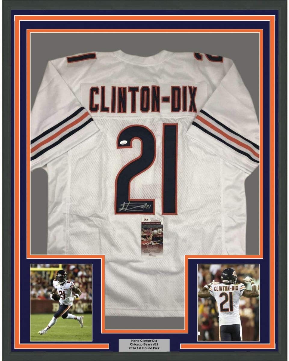 Framed Autographed/Signed Haha Ha Ha Clinton-Dix 35x39 Chicago White Football Jersey JSA COA