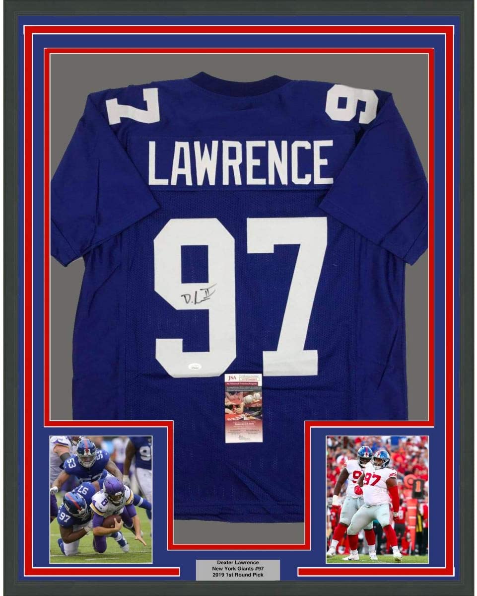 Framed Autographed/Signed Dexter Lawrence 35x39 New York Blue Football Jersey JSA COA