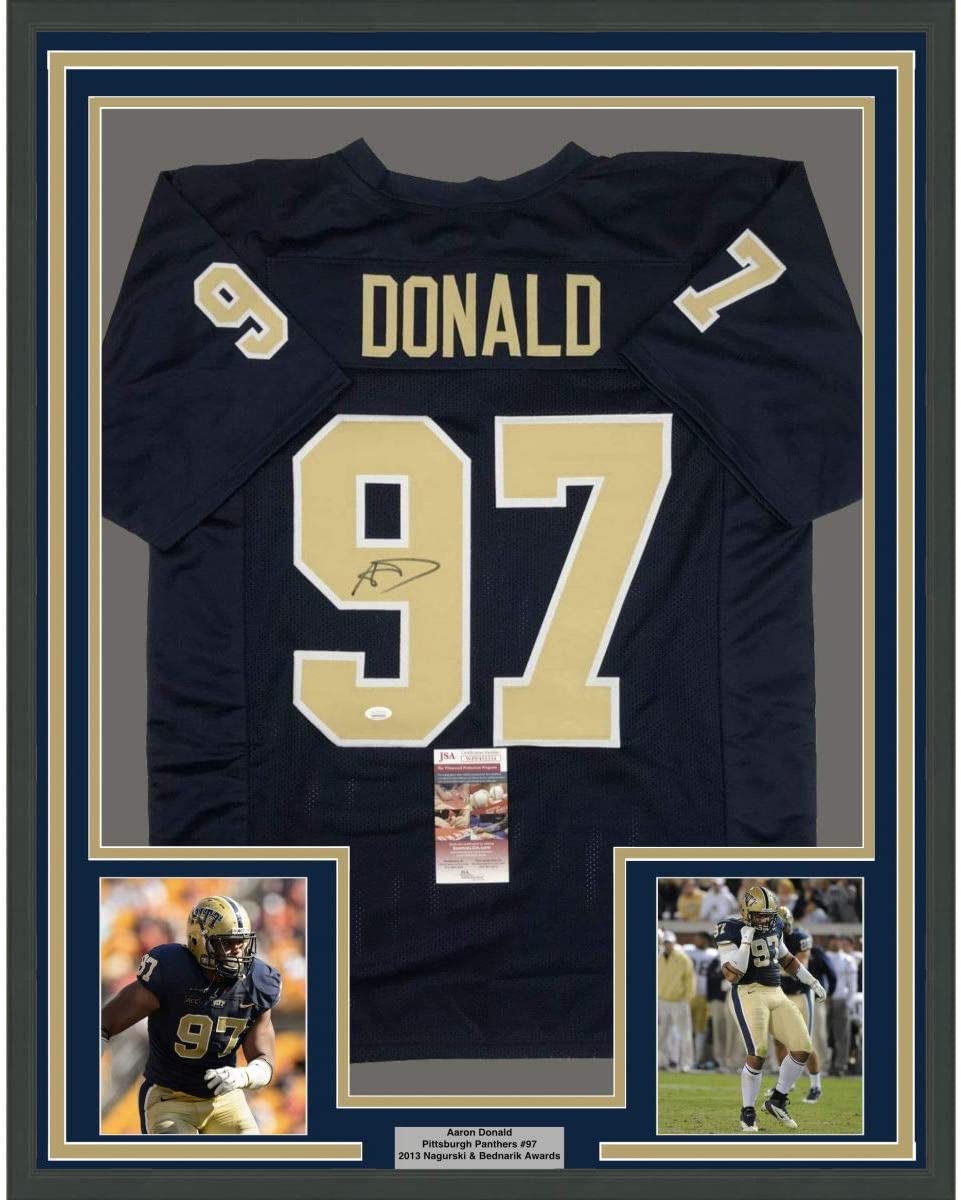 Framed Autographed/Signed Aaron Donald 35x39 Pittsburgh Blue College Football Jersey JSA COA