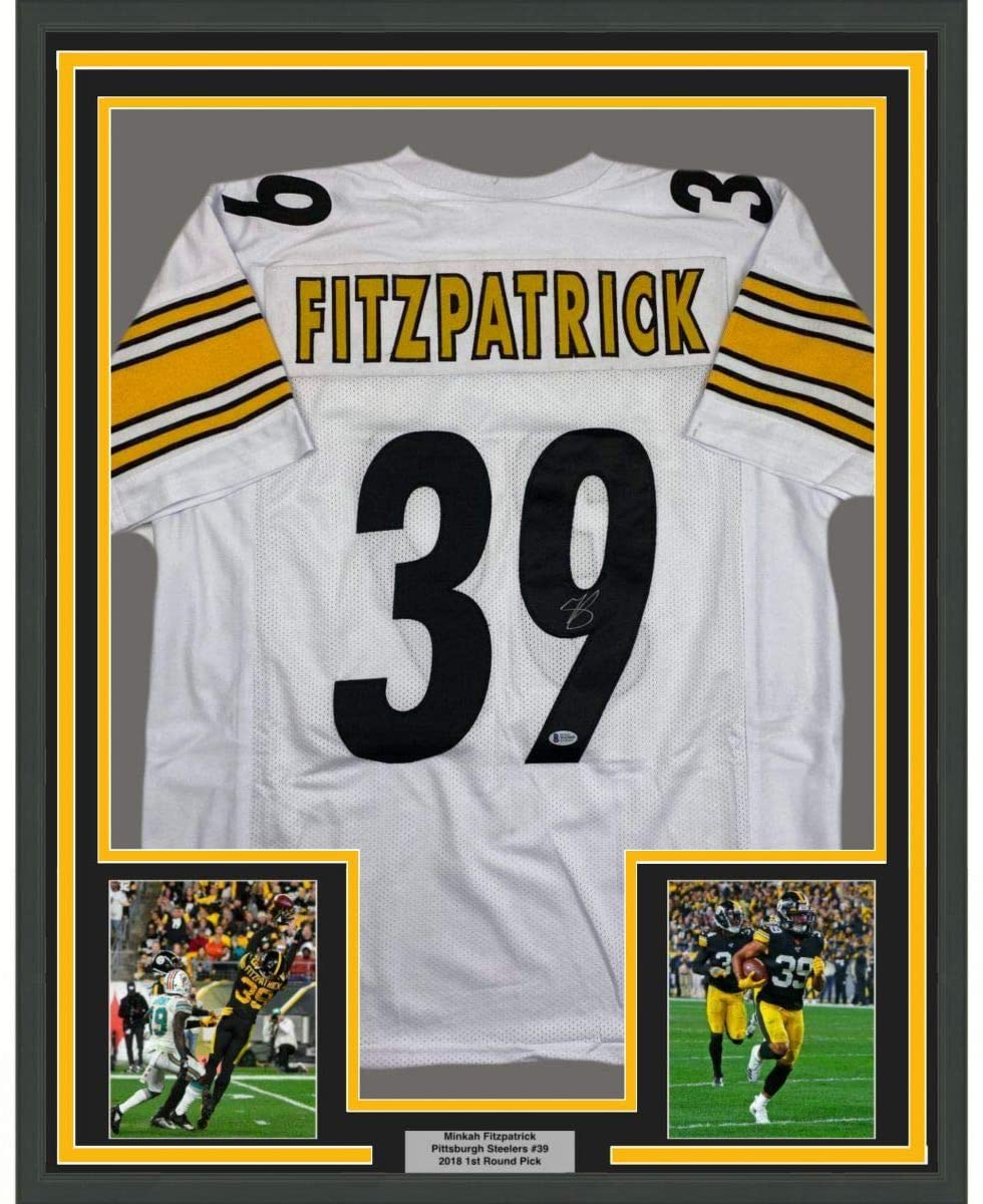 Framed Autographed/Signed Minkah Fitzpatrick 35x39 Pittsburgh White Football Jersey Beckett BAS COA