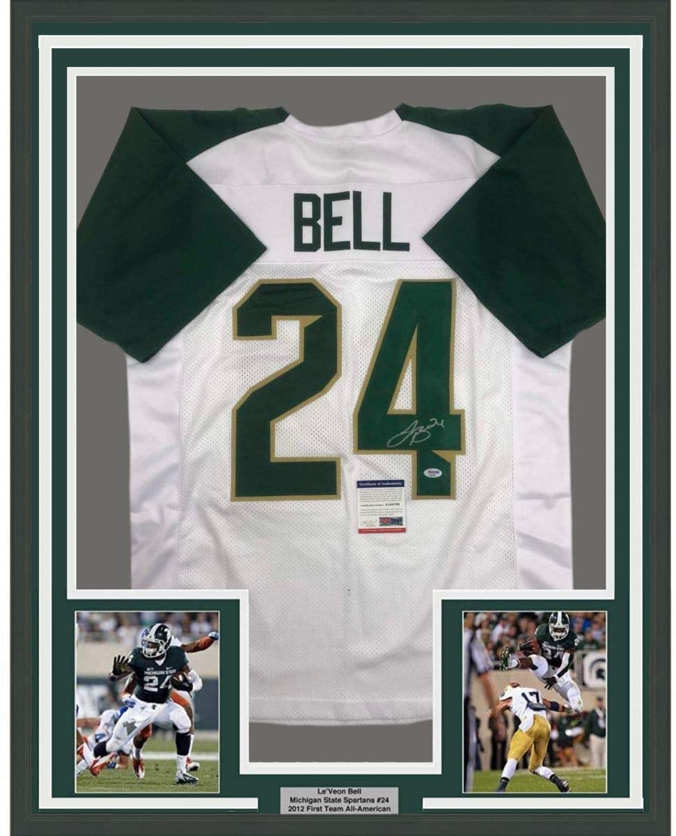 Framed Autographed/Signed LeVeon Le'Veon Bell 35x39 Michigan State White College Football Jersey PSA/DNA COA