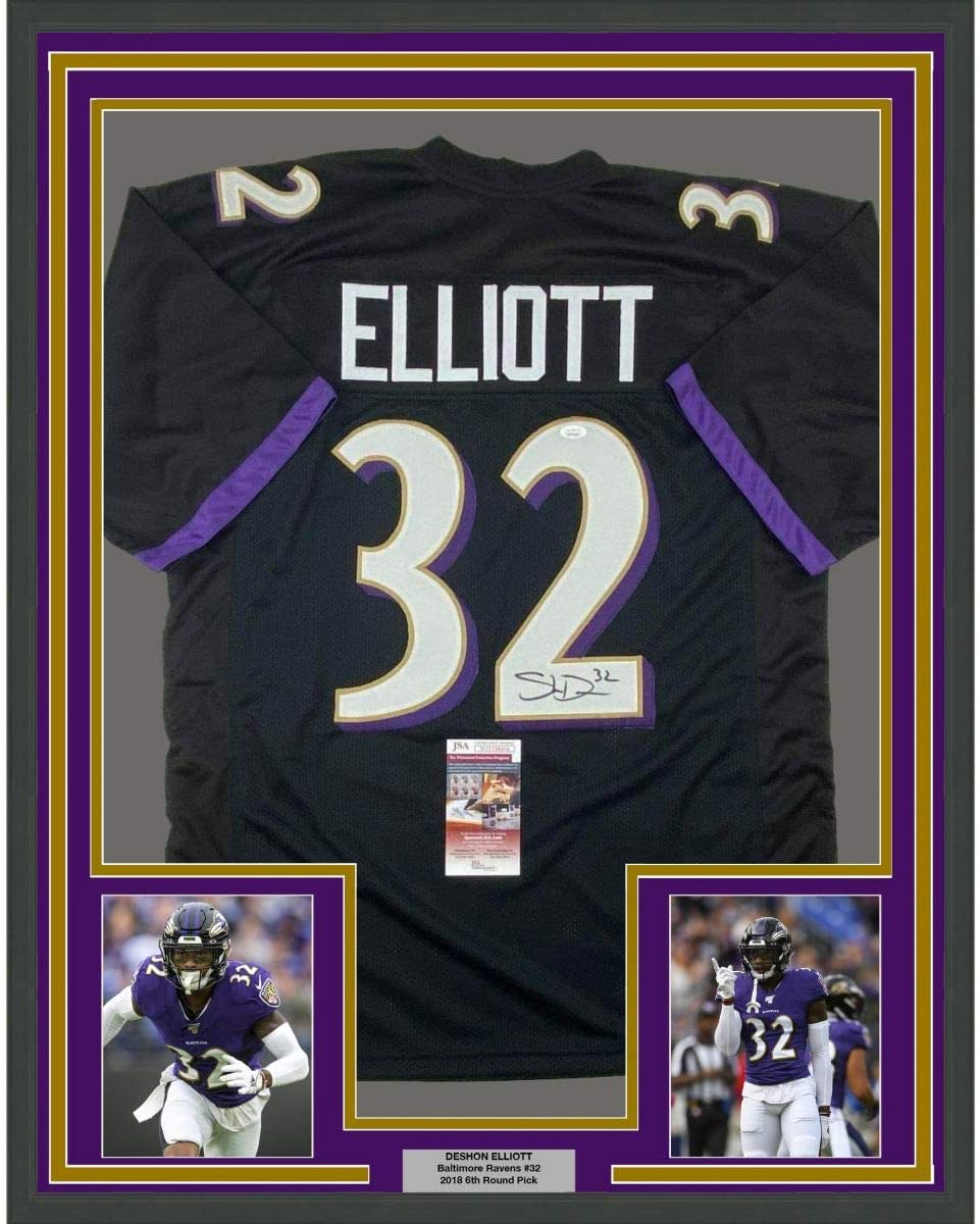 Framed Autographed/Signed DeShon Elliott 35x39 Baltimore Black Football Jersey JSA COA