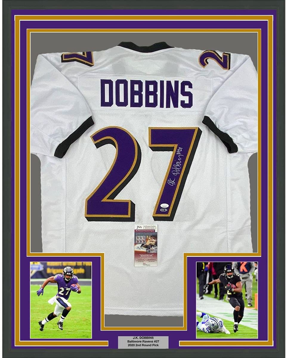 Framed Autographed/Signed JK J.K. Dobbins 35x39 Baltimore White Football Jersey JSA COA