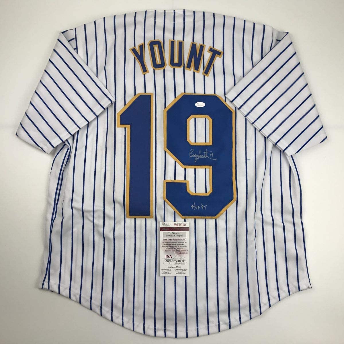 Autographed/Signed Robin Yount HOF 97 Milwaukee Pinstripe Baseball Jersey JSA COA