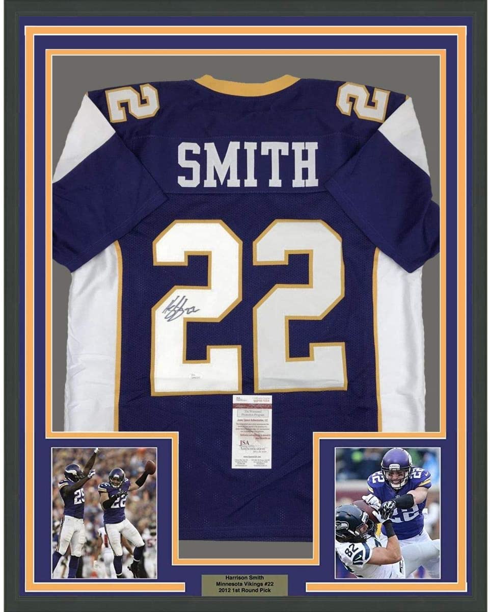 Framed Autographed/Signed Harrison Smith 35x39 Minnesota Retro Purple Football Jersey JSA COA