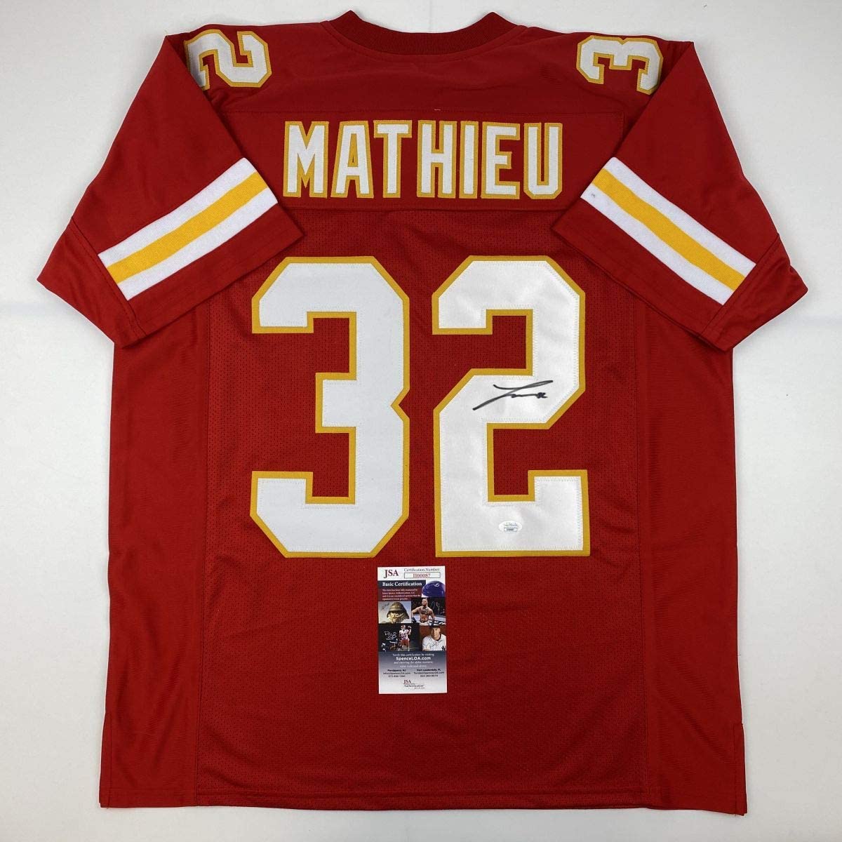 Autographed/Signed Tyrann Mathieu Kansas City Red Football Jersey JSA COA