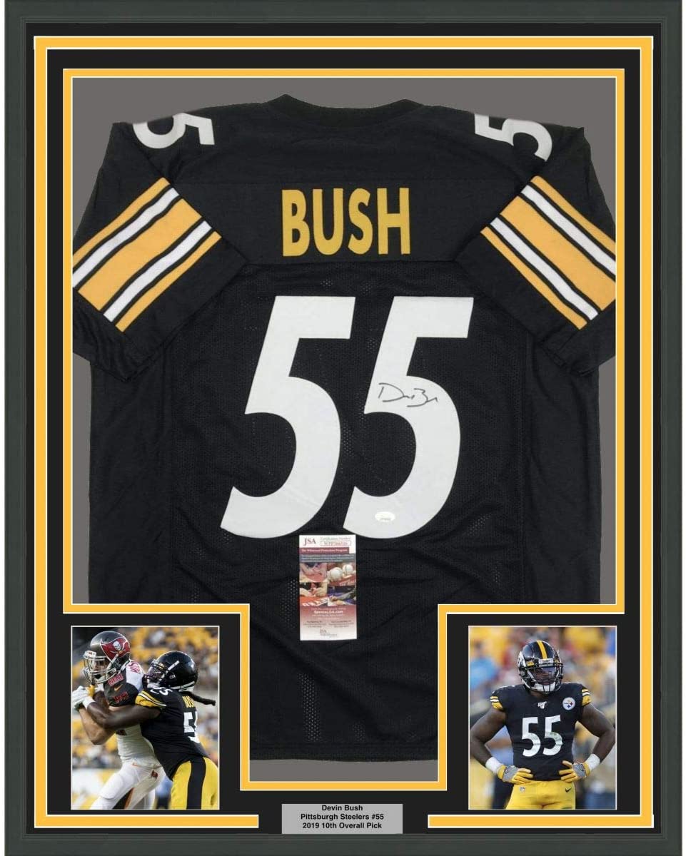 Framed Autographed/Signed Devin Bush 35x39 Pittsburgh Black Football Jersey JSA COA