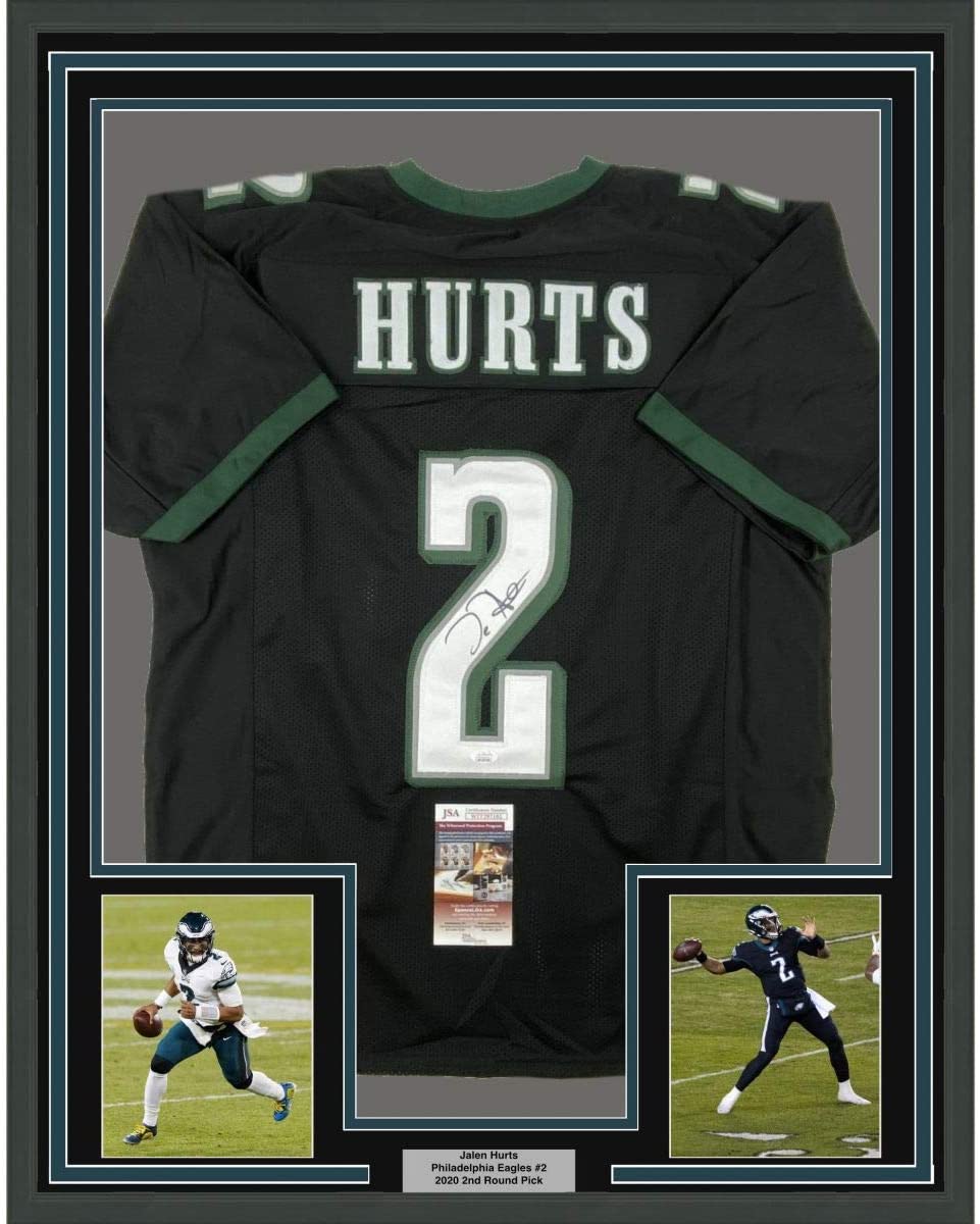 Framed Autographed/Signed Jalen Hurts 35x39 Philadelphia Black Football Jersey JSA COA